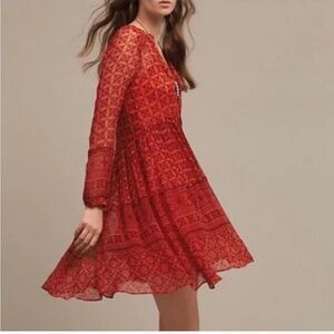 Anthropologie Maeve Red Patterned Sheer Swing Dress